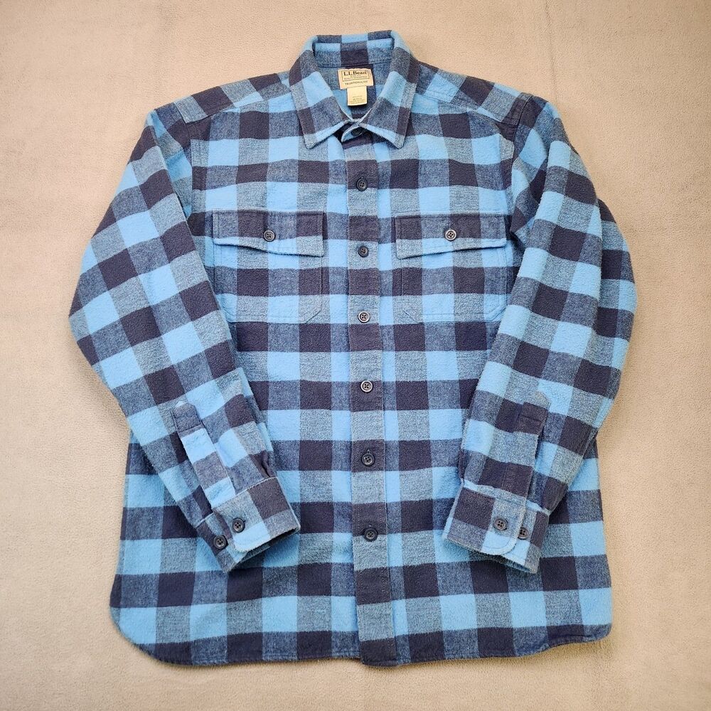 L.L. Bean Chamois Cloth Flannel Shirt Men's M‎ Blue Buffalo Plaid Heavy Cotton